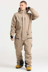 Men's Khaki Stylish Waterproof & Windproof Loose-Fit One-Piece Ski Suit with Detachable Hood & Multipockets